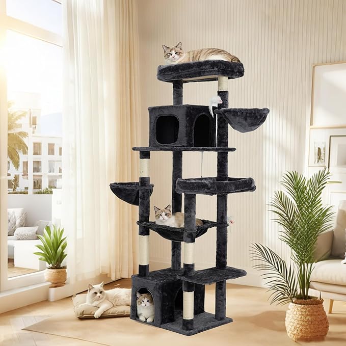 69.7-inch (177cm) Multi-Level Cat Tree with 2 Perches, 2 Condos, 2 Hammocks, Basket & Toy for Indoor Cat Activities (Grey)