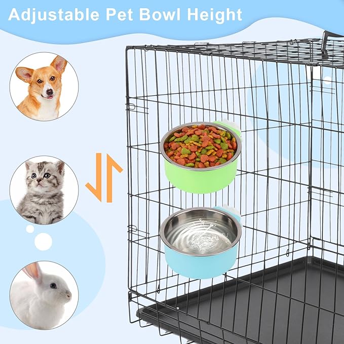 Crate Dog Bowl,Removable Stainless Steel Kennel Water Hanging Food & Water Feeder Crate Water Bowl No Spill for Puppy,Cat,Rabbit,Guinea Pig (Blue+Green)