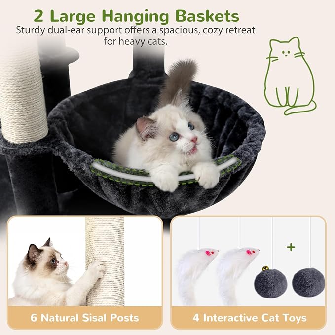 Globlazer Cat Tree for Large Cats, 75in Tall Multi-Level Heavy Duty Cat Tower for Indoor Cats with Extended Platform, 2 Spacious Condos, 2 Padded Perches, 6 Sisal Scratching Posts, S75, Dark Grey