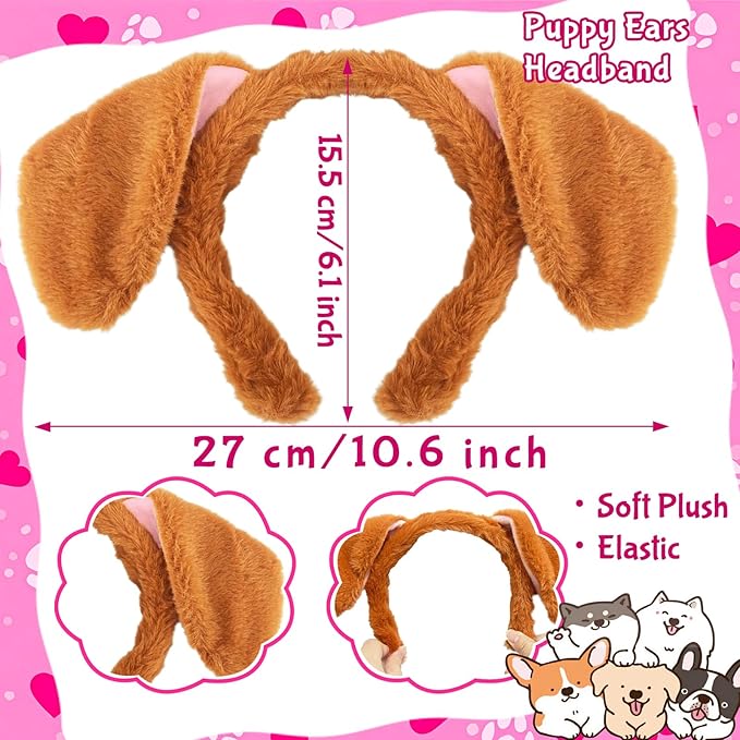Dog Ear Headband Pink Steampunk Goggles,Halloween Brown Dogs Ears Headbands Paw Themed Costume Accessories for Women,Girls Cosplay Party Decorations