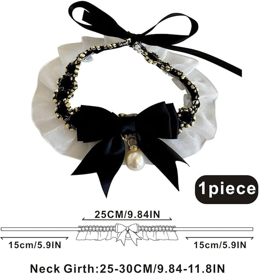 Elegant Lace Cat Collar with Cute Bow,Kitty Necklace with Bow Tie and Pearl,Pet Lace Bib Collar with Cute Bow,Cat Princess Costumes,Black,1 Piece