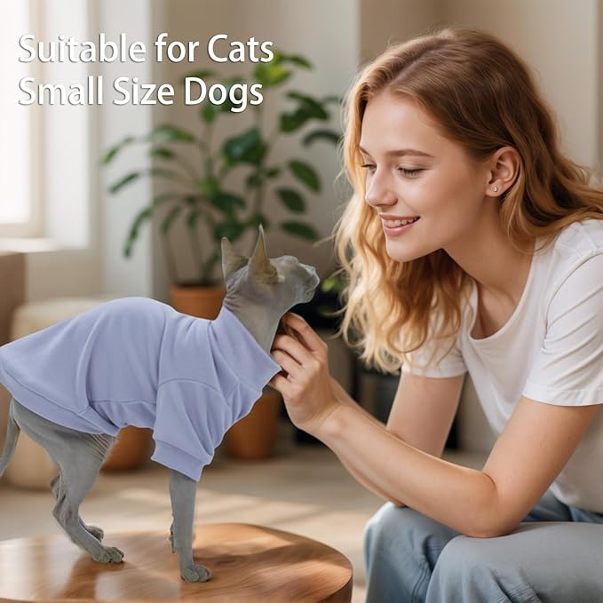 Sphynx Cat Clothes Hairless Cat Sweater Shirt Soft Warm Long Sleeves Pullover Pet Clothes Pajamas Dog Cloth for Small Dogs Kitten Clothes Pet Sweaters (Light Purple, L)
