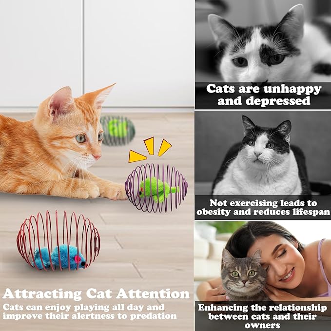 Andiker 6Pcs Cat Spring Toys, 3.9'' Colorful Cat Spring Balls with Mice Interactive Cat Toys Stretchable Metal Cage Balls Spring Cat Toy for Cats Swatting, Hunting Kitten Toys