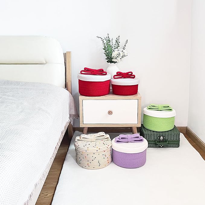 Small Storage Baskets with Lids, Round Woven Rope Basket with Lid, Cute Storage Box for Small Toy, Gift or Home Decor, Decorative Basket with Cute Bow Handle (Lavender)