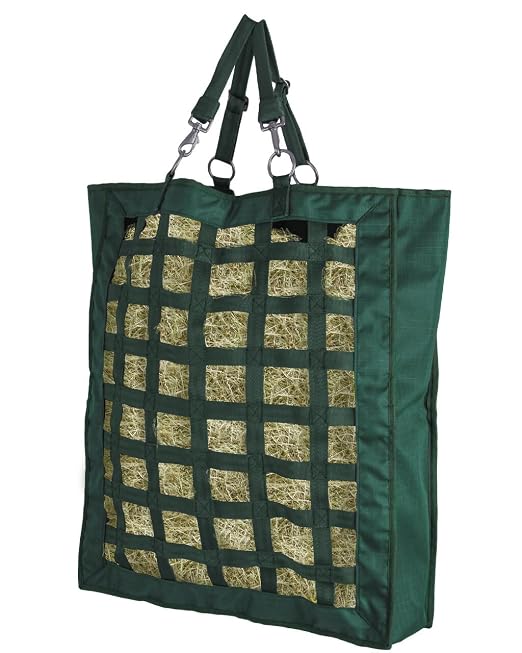 QHP Hay Bag for Horses | Slow Feed Horse Hay Bag | Horse Hay Feeder | 2.4" Mesh | Holds up to 13 lbs | Durable 600D Polyester | Stall, Trailer & Paddock | 2-Year Warranty (Dark Green)