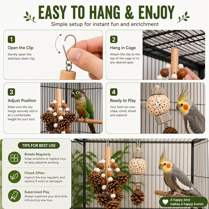 2 Pack Natural Bird Toys for Parakeets & Cockatiels, Pinecone Chew Swing and Sola Ball Hanging Toy, Shredding & Foraging Cage Accessories for Budgies, Conures, Lovebirds
