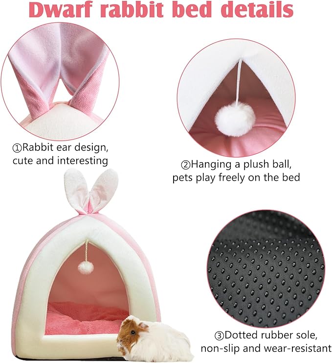 Fhiny Rabbit Bed Cave Cozy Guinea Pig Hideout Cute Bunny Bed Large House Winter Nest Dwarf Rabbit Cage Accessories for Chinchilla Ferret Hedgehog or Other Small Animals（Pink）