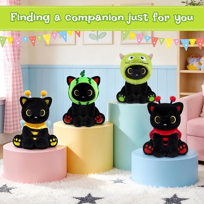 Cat Plush - 8" Black Cat with Removable Green Monster Costume, Soft Stuffed Animal Toy for Kids, Girls, Boys & Adults, Huggable Cute Plushies for Birthday Gift, Room Decor