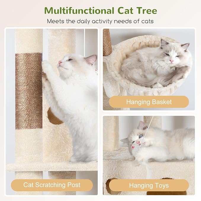 Globlazer Corner Cat Tree 66 inch Multi-Level Climbing Tower Kitty Condos Cat Scratching Tower for Indoor Multiple Cats with Large Platform, 3 Cat Caves, F66, Beige