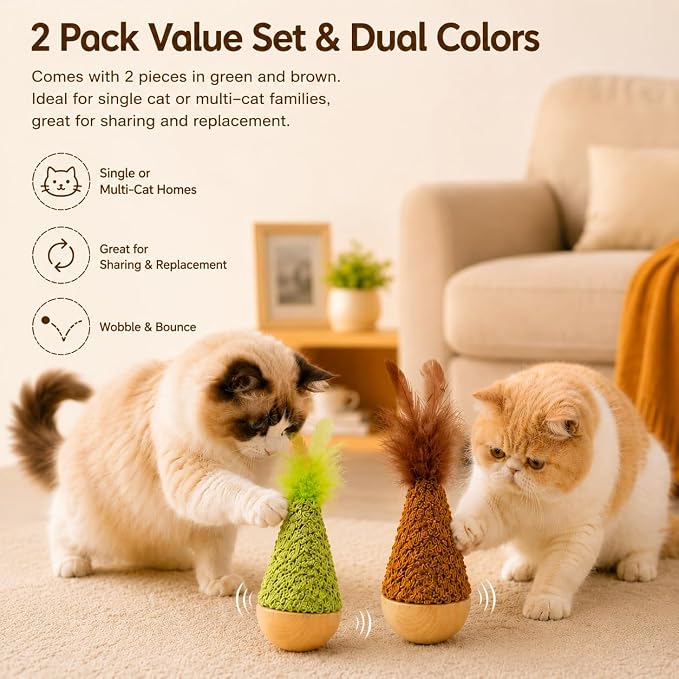 2-Pack Interactive Self-Righting Wobble Cat Toy with Feather, Fluffy Plush Wooden Tumbler for Bored Adult Indoor Cats Silent Self Play Cat Enrichment Toy, Green & Brown