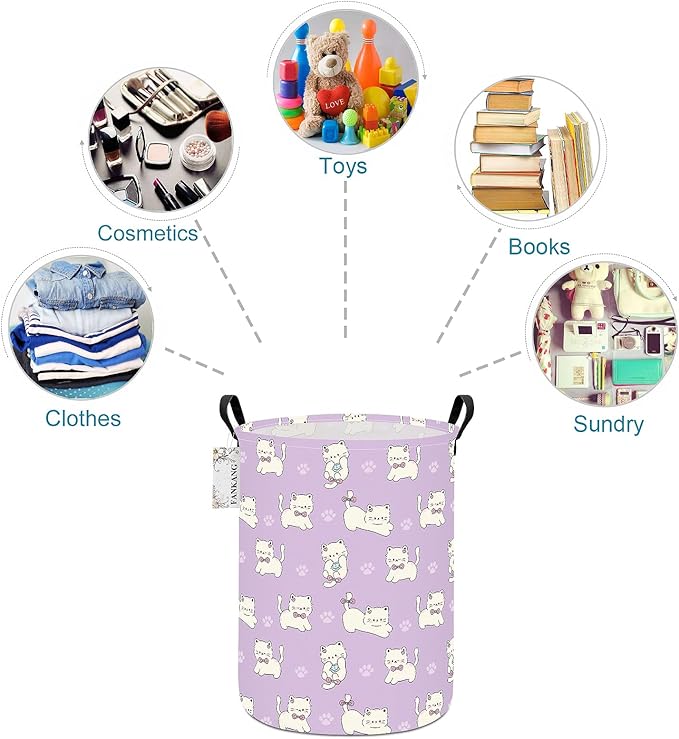 Storage Basket, Nursery Hamper Canvas Laundry Basket Foldable with Waterproof PE Coating Large Storage Baskets for Kids Boys and Girls, Office, Bedroom, Clothes,Toys(Cat)