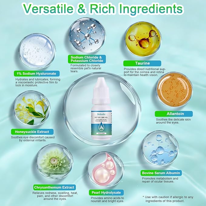 Pet Eye Care Gel Drop for Dogs, Cats, 1% Hyaluronan Eye Drops, Relieves Dry Eyes Redness Irritation Discharge Tear Stain, Gentle Ocular Repair with Artificial Tears, Taurine, Herbal Extracts, 0.34 oz