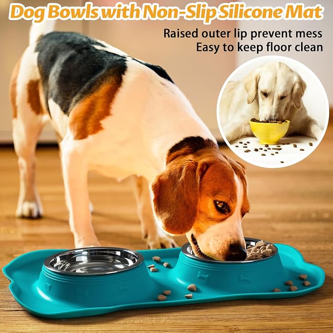 Hubulk Pet Dog Bowls 2 Stainless Steel Dog Bowl with No Spill Non-Skid Silicone Mat + Pet Food Scoop Water and Food Feeder Bowls for Feeding Small Medium Large Dogs Cats Puppies (Extra Large, Green)