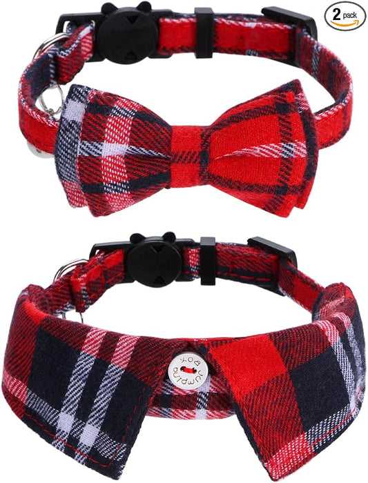 Faleela 2 Pack/Set Cat Collar with Cute Bow Tie and Bell,Breakaway Plaid Shirt Collar for Kitty Adjustable Safety