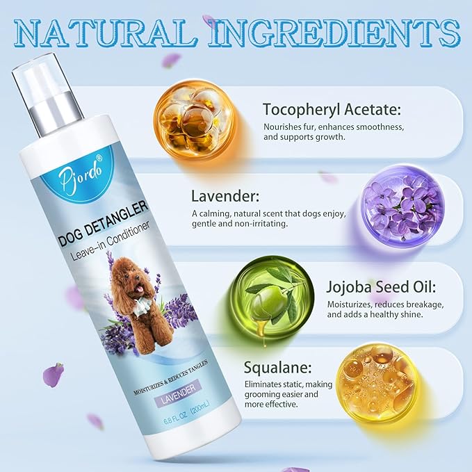 Pjordo Dog Detangler Spray, Natural Dog Leave in Conditioner Spray with Deshedding Brush and Metal Comb, for Grooming and Mat Removal (Lavender)