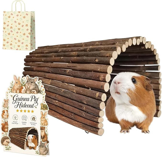 Guinea Pig Hideout, Collapsible Wooden Tunnel & Hideaway for Rabbits, Hedgehogs, Chinchillas, Ferrets and Other Small Pets, Flexible Natural Wood Cage Accessory, No Assembly Required (1PCS*6.6*11‘’)