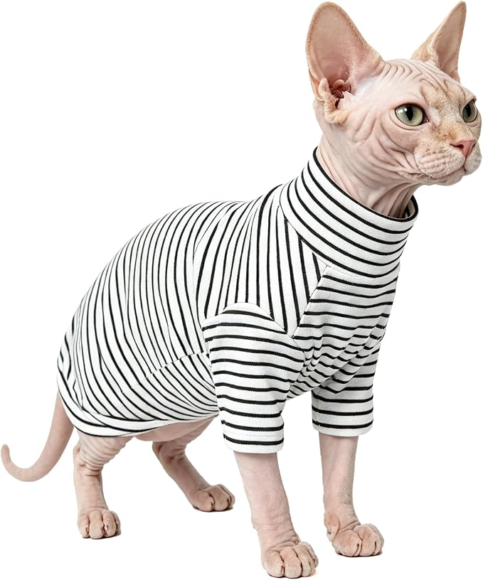Sphynx Cat Clothes Shirts for Hairless Cat,Classic Striped Kitten Apparel Clothes for Cats Only,Soft Sphinx T-Shirts Sweatshirt with Sleeves for Cornish Rex, Devon Rex,Black,L