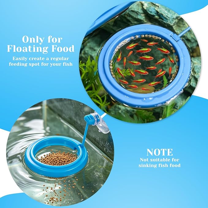 4 Pcs Fish Feeding Ring, Round & Square Floating Aquarium Feeding Ring with Suction Cup, Easy to Use for Betta, Goldfish, Guppy, Turtle & Small Fish (Blue)