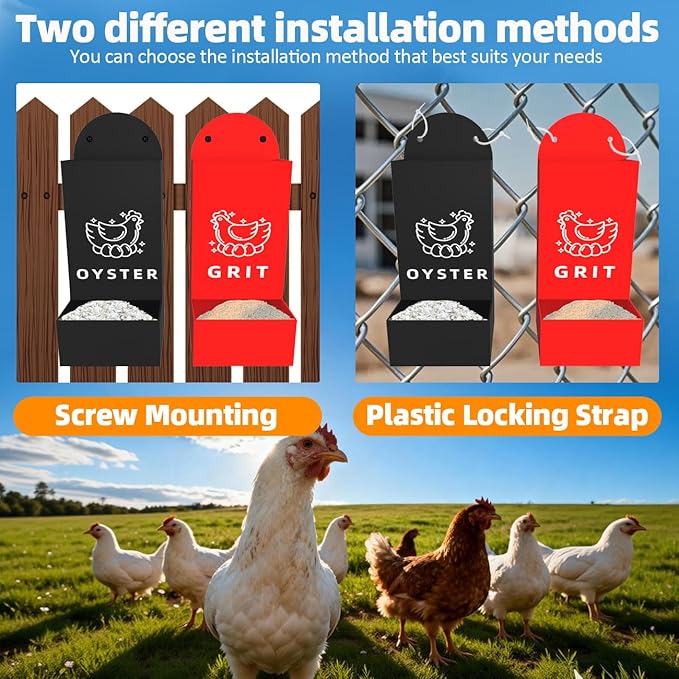 Chicken Oyster Shell Grit Feeder Coop Accessories Automatic Metal Hanging Gravity Poultry Supplies Automatic Suitable for Quail Pigeons Chicken No-Waste Design Easy to Install and Clean 2 Pack