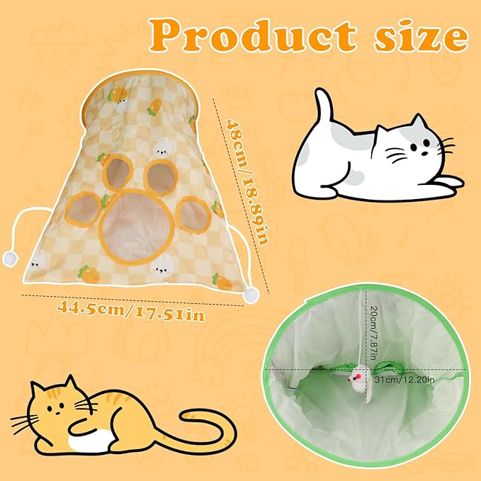Andiker Cat Tunnel Bags for Indoor Cats, 13x17x12In Foldable Cat Crinkle Bag with 3 White Plush Balls and 1 Mouse 5 Holes for Kitten to Hide and Catch 3 Layers Cat Toy (Dinosaur)