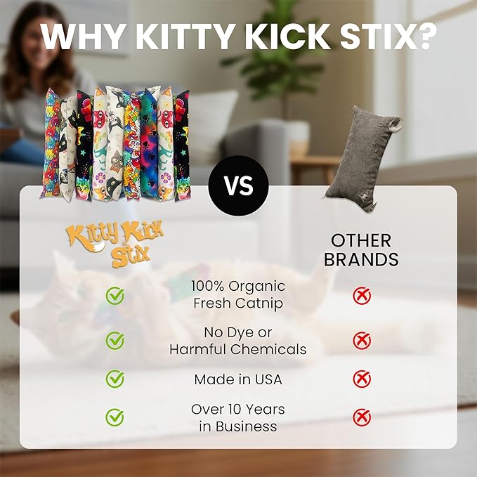 Kitty Kick Stix Set of 2 (11") - Durable Kicker Cat Toy - Catnip Kicker for Cats & Kittens - Interactive Toys for Cats - Cat Kick Stick - 100% Potent Organic Catnip for Indoor Cats