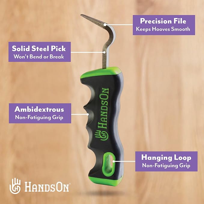 Handson Hoof Pick - Horse Grooming Supplies for Daily Cleaning & Maintenance - Metal Pick w/Hoof Filer for Horses - Ergonomic Grip