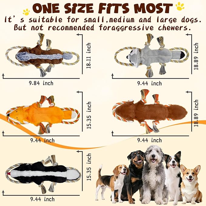 Dog Squeaky Toys, No Stuffing 5-Pack Dog Toys, Crinkle Plush Dog Toys to Keep Them Busy, Rope Dog Toys for Tug of War, Animal Shapes Dog Toys Bundle for Large, Medium and Small Dogs