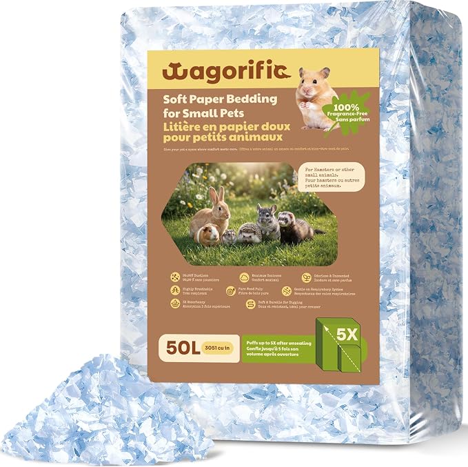 Hamster Bedding 50L, Dust-Free Paper Bedding, Odor Control, 5X Expansion, Natural Unscented for Small Animals, Guinea Pigs, Rabbits & Gerbils
