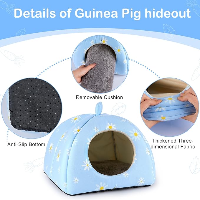 Bienbee Guinea Pig Hideout, Washable Rabbit Bed with Guinea Pig Tunnel, 2 Pack Guinea Pigs Toys Set Bunny Hideout Cage Accessories for Hamster Ferret Rabbits Bunny, Blue Daisy