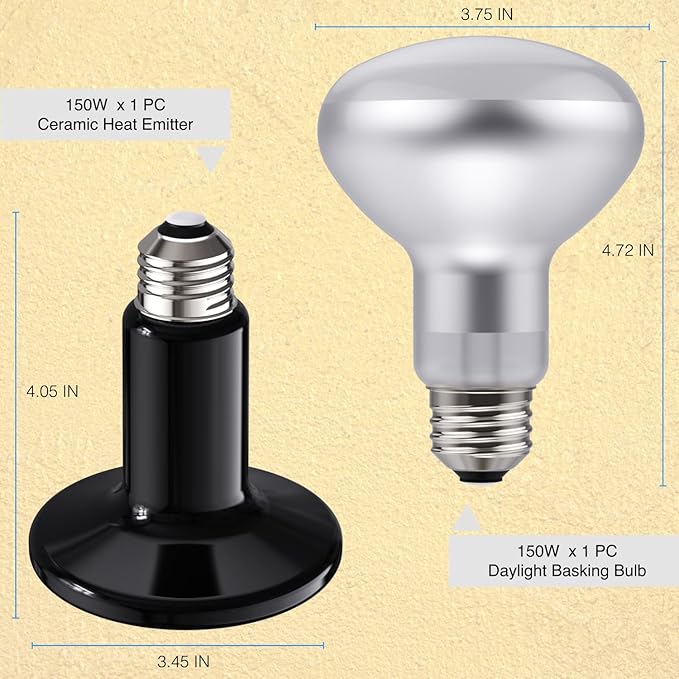 Reptile Dual Heat Lamp: 150W Ceramic Heat Emitter and Daylight Basking Bulb – Heat Bulbs Combo for Terrariums, Ideal for Bearded Dragons, Tortoises, Snakes