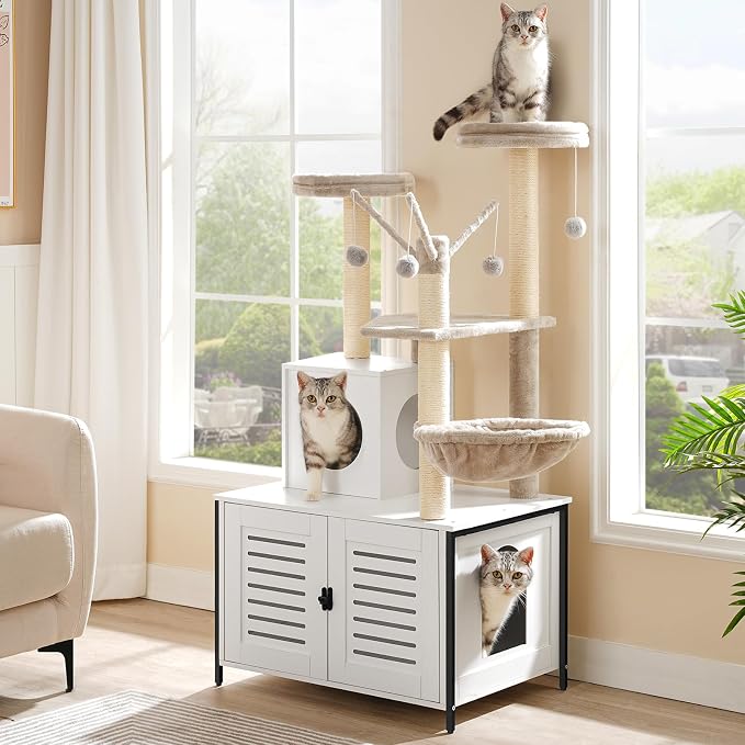 HOOBRO Cat Tree with Scratching Posts, Cat Tower Litter Box Enclosure Furniture for Indoor Cats, All-in-One Wooden Cat House Condo with Cat Hammock, Detachable Teaser Sticks, White BW14MZ03