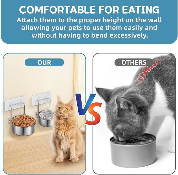2 Pcs Small Wall Mounted Cat Bowls, Elevated Hanging Puppy Food and Water Bowls Stainless Steel Non-Spill Kitten Feeding Dish with Wall Mounted Hook for Small Pets (S (4x1.7'' & 4.7x2''))