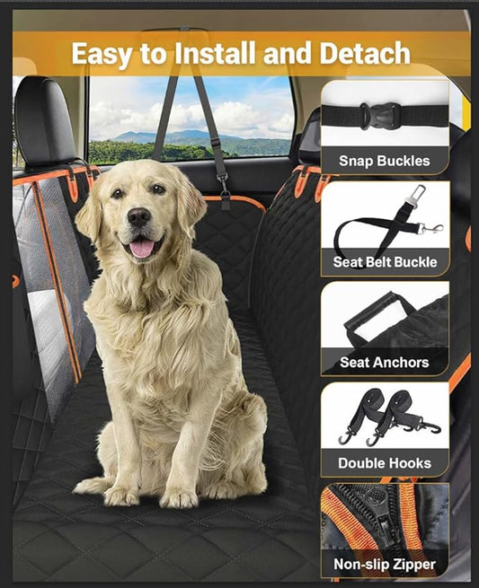 Dog Car Seat Cover, 600D Heavy Durable Dog Seat Cover for Back Seat, 100% Waterproof Scratch Proof Nonslip Dog Hammock for Car with Side Flap, Pet Seat Covers with SeatBelt for Cars Sedan SUV Trucks