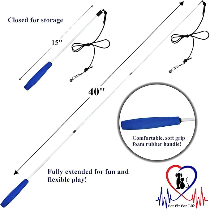 Pet Fit for Life Retractable Interactive Cat or Kitten Wand with 2 Feathers and 1 Soft Furry Combo