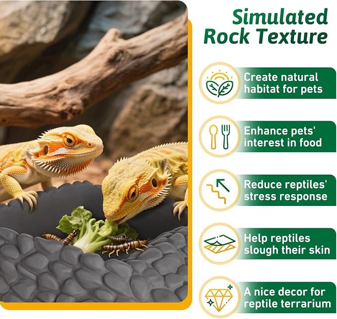 Reptile Water Dish Large Bearded Dragon Food Bowl, Rock Corner Water Dish for Reptiles Snake Water Bowl Feeding for Leopard Gecko Tortoise Lizard Tank Accessories, Terrarium Reptile Pool with Ramp