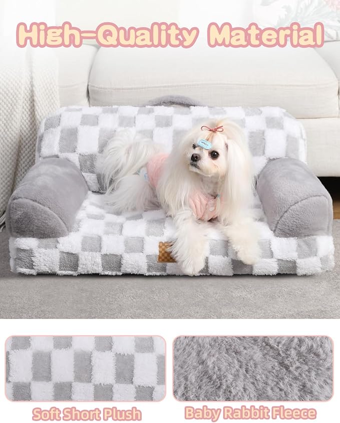 KSIIA Dog Bed Small Dog Beds Waterproof Cat Couch with Supportive Armrests for Puppy and Kitten Pet Couch Machine Washable Pet Sofa with Removable Cover & Anti-Slip Bottom, 26 x 14.5 in, Grey