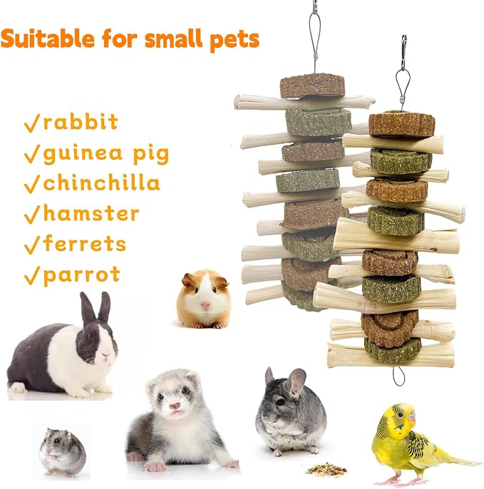 Hamiledyi 3Pcs Bunny Chew Toys for Teeth Bunny Hanging Grinding Cake Natural Sweet Bamboo Sticks Timothy Alfalfa Hay & Carrot Cake for Rabbit Guinea Pig Chinchilla Gerbil Improve Dental Health