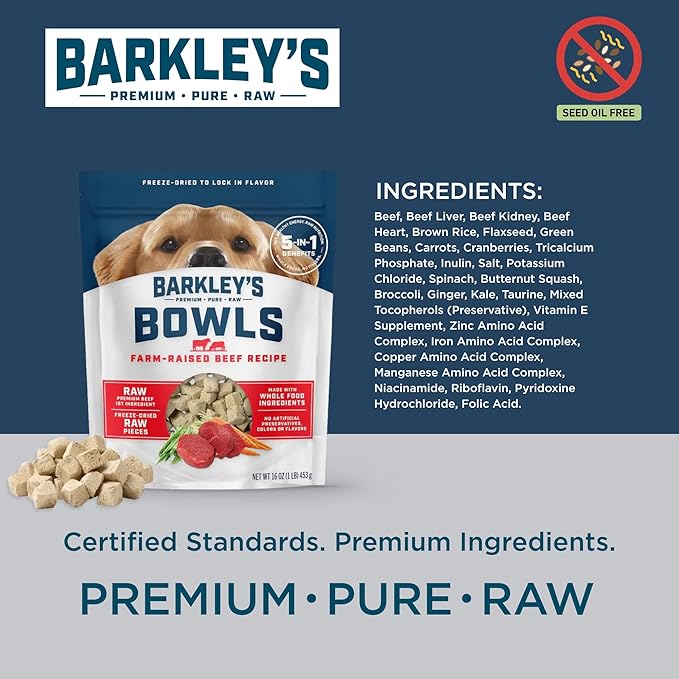 Barkley’s Bowls, Freeze-Dried Raw Beef Dog Food, Fresh Whole Food Ingredients with Farm-Raised Beef, Grain Free, High Protein for Balanced Nutrition, Dog Treats or Topper, 16 Oz Bag (3 Pack)