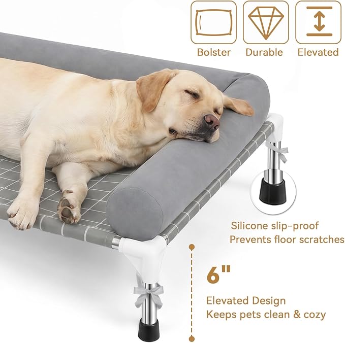 Heavy Duty Elevated Dog Bed with Bolster - 39"x27" Raised Pet Cot for Large Dogs, 0.5mm Stainless Steel Frame Double-Layer Canvas Portable Dog Sofa for Outdoor and Camping