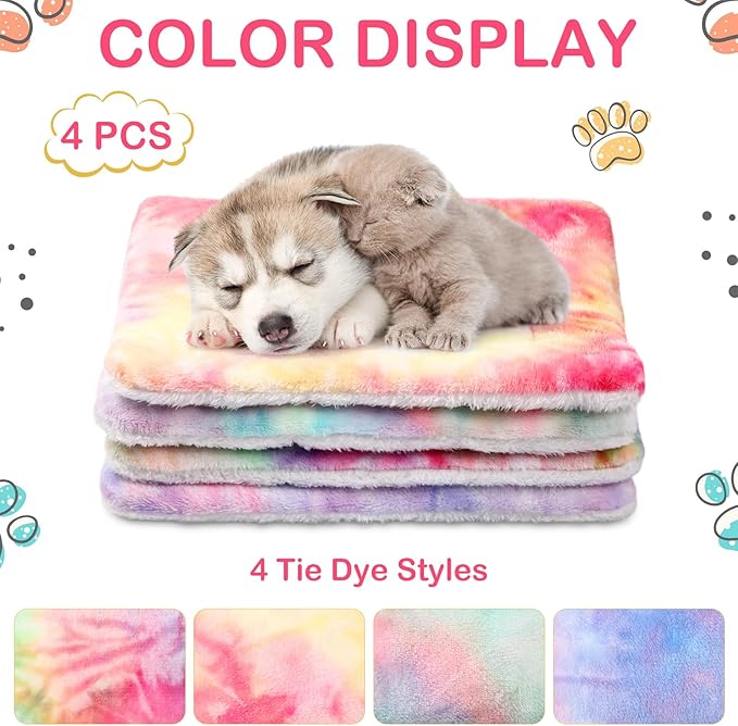 Haull 4 Pcs Waterproof Guinea Pig Bedding Guinea Pig Bed Plush Cage Liners Soft Rabbit Dog Crate Pad Cat Mat Reversible Cozy Animal Pee Pad Hamster Bunny Mat Accessory(Tie Dyed,18 x 24 Inch)