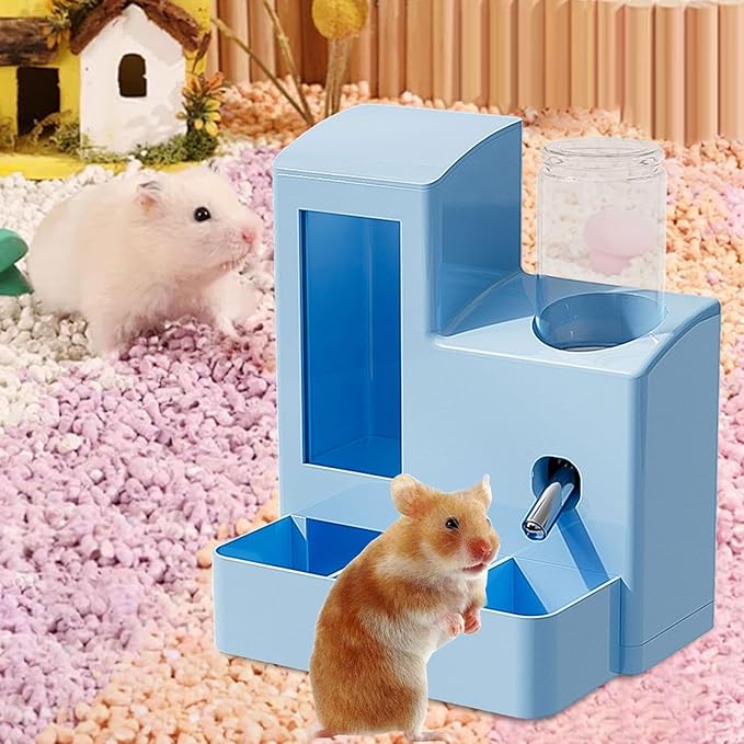 3 in 1 Hamster Automatic Feeder Dispenser Easy to Clean Container Feeding Station for Home Ferrets Bunny Small Animal Patio, Blue 80ml Bottle