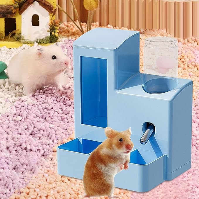 3 in 1 Hamster Automatic Feeder Container Fashion Large Capacity Dispenser Water Bottle for Chinchillas Small Animal Bunny, Blue 80ml Bottle