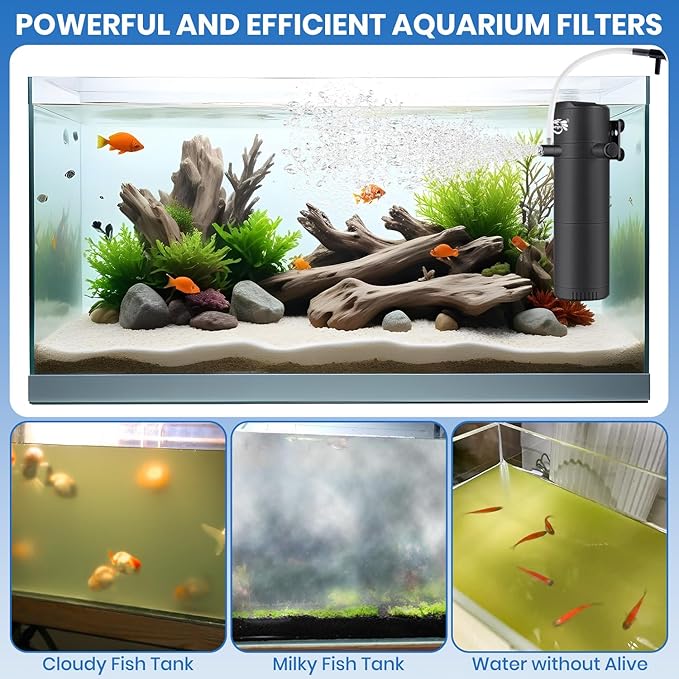 Aquarium Filter for 10-30 Gallon Tank, Submersible Fish Tank Filters with Wave-Maker Oxygenation Circulation, Adjustable Air Flow Filter for Freshwater & Saltwater (8W)