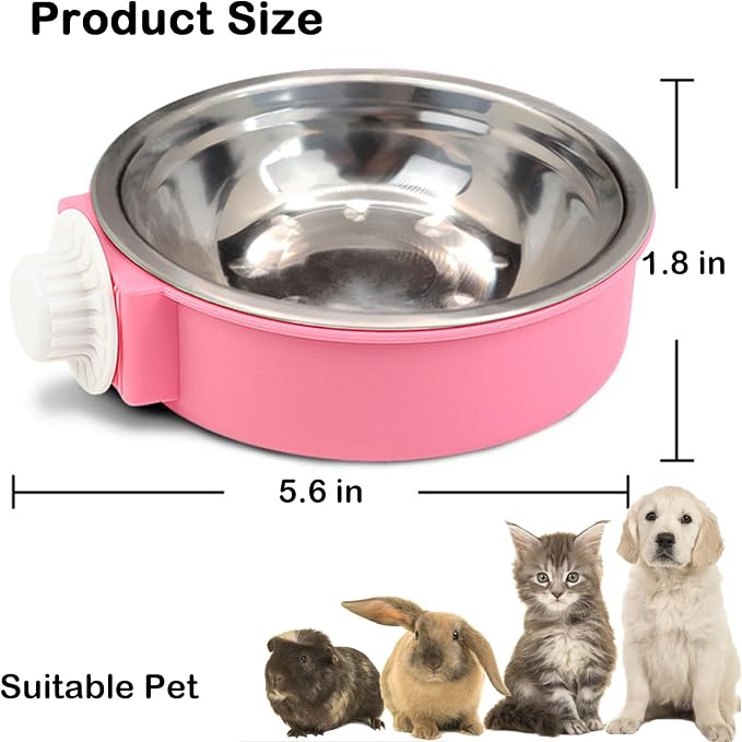 2 Pcs Crate Dog Bowl, Removable Stainless Steel Hanging Pet Food Water Feeder Pet Kennel Cage Bowl for Puppy Cat Rabbit Ferret Guinea Pig (Pink&Green)