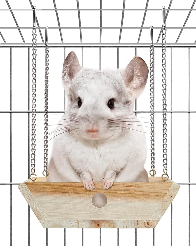 Natural Wood Chinchilla Hammock for Cage Swing, Chinchilla Bed Hanging, Wooden Chinchilla Toys and Cage Accessories, Chinchilla House Hut Ledges And Platforms Enrichement, Indoor Chinchilla Habitat