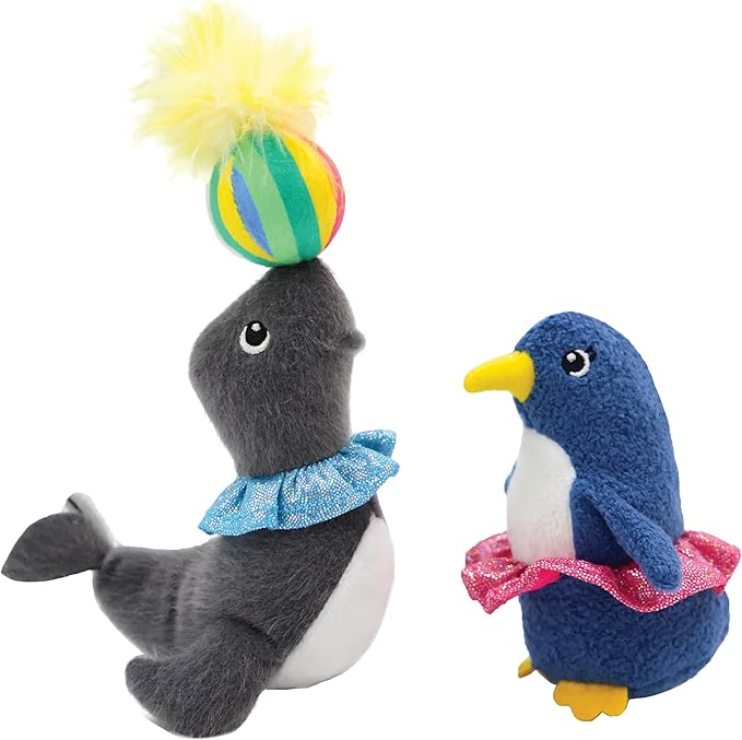 Jumpaws 2 Pack Interactive Catnip and Feather Cat Toys, Circus Penguin and Seal Catnip Toys, Accessories for Indoor Cat, Catnip Plush Toys with Natural Feathers and Rattles