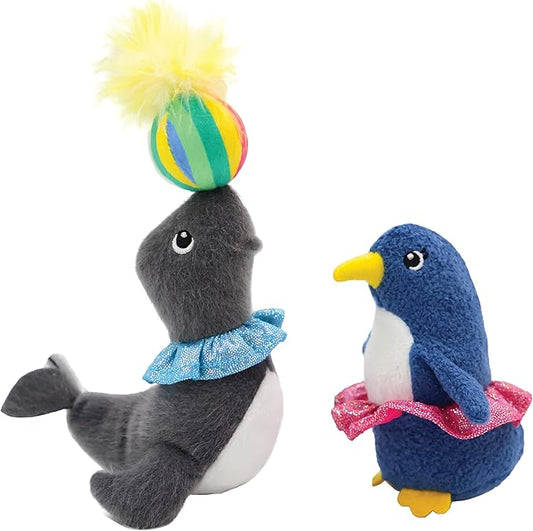 Jumpaws 2 Pack Interactive Catnip and Feather Cat Toys, Circus Penguin and Seal Catnip Toys, Accessories for Indoor Cat, Catnip Plush Toys with Natural Feathers and Rattles