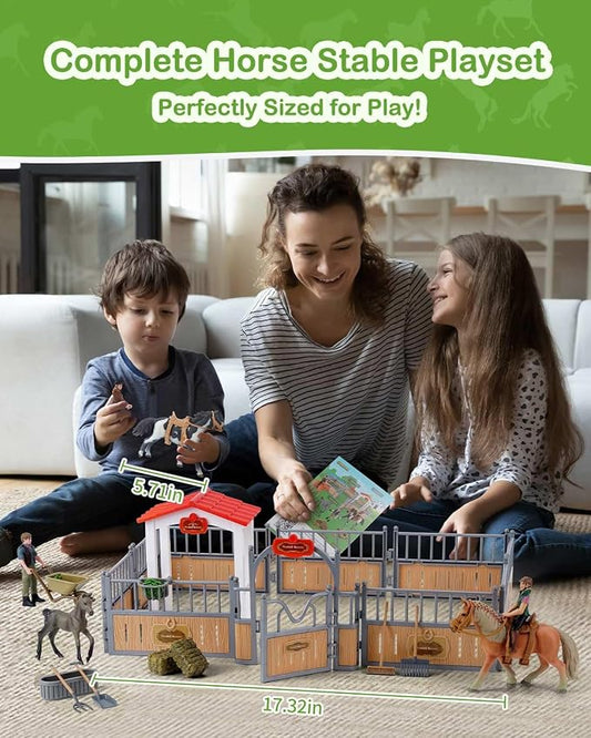 Horse Stable Playset, Horse Gifts for Girls and Boys with 3 Horses and 2 Riders, Horse Toys Set Farm Animals Toys for Kids 3 4 5 6 7 8+ (Horse Playset 1)