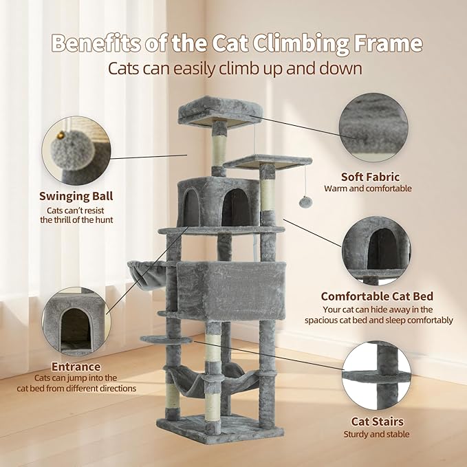61 Inch Cat Tree with Platform & Hammock, Plush Perch Scratcher & Playhouse for Indoor Cats(Grey)