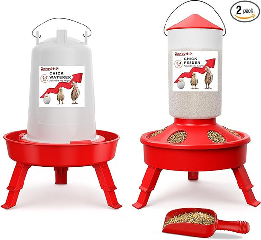 2-in-1 Chick Starter Set: 0.4 Gal Top Filling Feeder and 0.4 Gal Waterer with Adjustable Legs for Baby Chicks, Includes Scoop, Hanging Hooks, Anti-Drown Design (Red)
